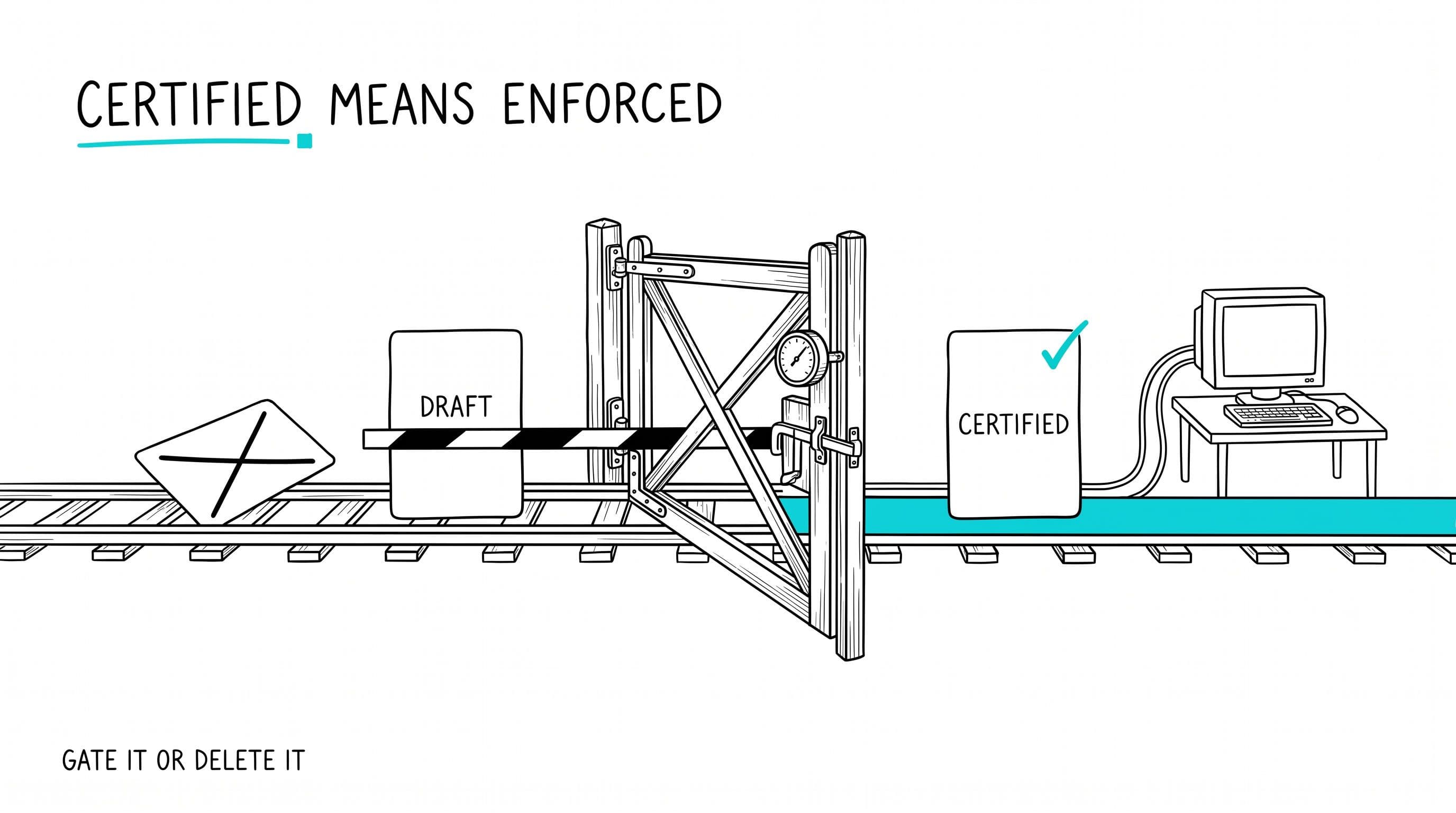 An enforcement gate across a rail track; a certified metric card with a turquoise tick has passed the gate onto a turquoise track leading to an agent terminal, while a draft card and a crossed-out card are held back on the left. Headline: certified means enforced. Kicker: gate it or delete it.